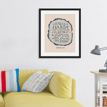 Load image into Gallery viewer, A black frame featured above a yellow sofa in a living room. The artwork features an illustration of a wood log outline with the words &quot;They will be oaks of righteousness, a planting of the Lord for the display of his splendor.&quot;