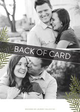 Load image into Gallery viewer, A close up of the back of the card showing the two photos and design features. Across the image is a gray strip with the words “back of card” on it.