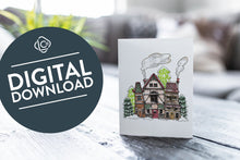 Load image into Gallery viewer, A greeting card featured on a black, wood coffee table. There’s a white planter in the background with a green plant. There’s also a gray sofa in the background with a white pillow. The card features an illustrated English village covered in snow with pine trees and smoke coming from the chimneys. The words &quot;digital download&quot; are featured in a circle on top of the image.