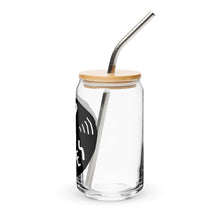 Load image into Gallery viewer, A photo of a glass can tumbler on a white background showing the side of the glass. The glass tumbler has a bamboo lid and silver metal straw. The design on the glass tumbler says the words "good vibes" inside an illustrated vinyl record.