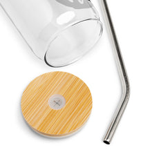 Load image into Gallery viewer, A photo showing the detail of the glass tumbler. The lid detail shows the bamboo lid and the straw insert. The metal straw is shown too.