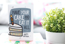 Load image into Gallery viewer, A greeting card is on a table top with a gift in pink wrapping paper. Next to the gift is a white plant pot with a green plant. The card features the words “Have Your cake and eat it all, Happy birthday!” with an illustrated piece of cake with a candle on the top.