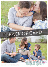 Load image into Gallery viewer, A close up of the back of the card showing the two photos and design features. Across the image is a gray strip with the words “back of card” on it. The back of the card features two photos along with illustrated snowflakes and pine trees.