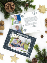 Load image into Gallery viewer, A photo of a two-sided Christmas card showing the front of the card on top of a brown wrapped gift on a white tabletop. Around the gift are pine needles, pinecones and wood star ornaments. The front of the card features a photo with a frame around it with illustrated snowflakes. Above the photo reads “Merry Christmas” and below the photo you can add your family name. The back of the card features two photos, illustrated snowflakes and a place to add a family update.