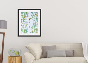 A black frame on a wall hanging above a white sofa. The frame features illustrated artwork with Lucy walking to the lamp. 