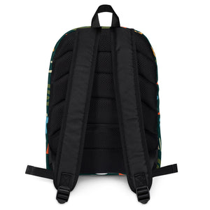 The backside of a backpack is shown on a white background. The backpack is black mesh with black straps.