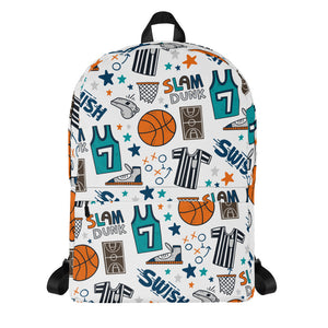 A backpack featured with a white background. The backpack has a white background with a basketball themed pattern backpack featuring illustrated basketballs, basketball jerseys, whistles, referee shirts, basketball hoops, stars, basketball shoes, fun play sketches and the word "swish." The backpack straps are black. 
