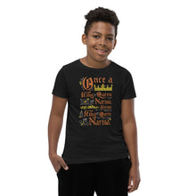 Load image into Gallery viewer, A boy wearing a black short sleeved T-Shirt. The artwork features hand drawn lettering of the Narnia quote &quot;Once a king or queen of Narnia, always a king or queen of Narnia.&quot;