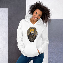 Load image into Gallery viewer, A woman wearing a white hoodie. The hoodie features hand drawn illustration of the Chronicles of Narnia lion character Aslan. Inside the illustration there is the quote “At The Sound of Your Roar, Sorrows Will Be No More.”
