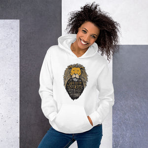 A woman wearing a white hoodie. The hoodie features hand drawn illustration of the Chronicles of Narnia lion character Aslan. Inside the illustration there is the quote “At The Sound of Your Roar, Sorrows Will Be No More.”