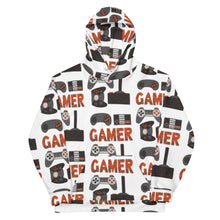 Load image into Gallery viewer, A white hoodie featuring different game controllers and the word &quot;gamer&quot; in a repeat pattern throughout the hoodie. The illustrations and gamer word are in red, grey and black. 