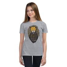 Load image into Gallery viewer, A girl wearing a light grey short sleeved T-Shirt. The T-Shirt features hand drawn illustration of the Chronicles of Narnia lion character Aslan. Inside the illustration there is the quote “At The Sound of Your Roar, Sorrows Will Be No More.”
