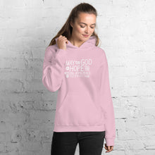 Load image into Gallery viewer, A woman wearing a pink hoodie featuring hand drawn lettering in white with the words "May the God of hope fill you with all joy and peace as you trust him."