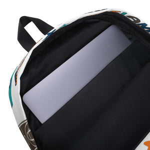 The inside of a backpack showing the laptop pocket. The backpack has a white background with a basketball themed pattern backpack featuring illustrated basketballs, basketball jerseys, whistles, referee shirts, basketball hoops, stars, basketball shoes, fun play sketches and the word "swish." The backpack straps are black. 