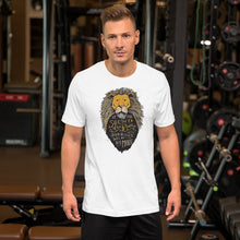Load image into Gallery viewer, A man wearing a white short sleeved T-Shirt. The T-Shirt features hand drawn illustration of the Chronicles of Narnia lion character Aslan. Inside the illustration there is the quote “At The Sound of Your Roar, Sorrows Will Be No More.”