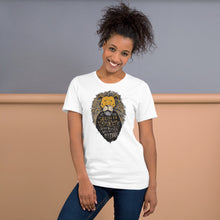 Load image into Gallery viewer, A woman wearing a white short sleeved T-Shirt. The T-Shirt features hand drawn illustration of the Chronicles of Narnia lion character Aslan. Inside the illustration there is the quote “At The Sound of Your Roar, Sorrows Will Be No More.”