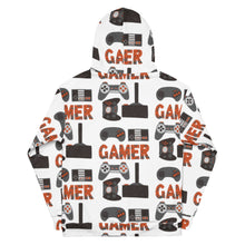 Load image into Gallery viewer, A white hoodie, showing the back of the hoodie, featuring different game controllers and the word &quot;gamer&quot; in a repeat pattern throughout the hoodie. The illustrations and gamer word are in red, grey and black. 