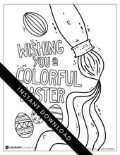 Load image into Gallery viewer, An image showing the coloring page. The letters and design are featured with open space to be able to be coloured in. The coloring page features an illustrated paint brush and Easter eggs with the words “Wishing you a colorful Easter.”
