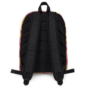 The backside of a backpack is shown on a white background. The backpack is black mesh with black straps. 
