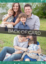 Load image into Gallery viewer, A close up of the back of the card showing the two photos and design features. Across the image is a gray strip with the words “back of card” on it. The back of the card features two photos. 