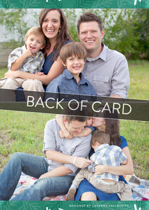 A close up of the back of the card showing the two photos and design features. Across the image is a gray strip with the words “back of card” on it. The back of the card features two photos. 