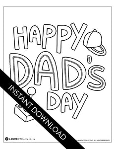 A coloring sheet with the 'Happy Dad's Day" with illustrated gaming items. The design is open to color in. The words "instant download" are over the coloring page.