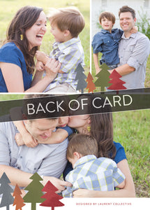 A close up of the back of the card showing the two photos and design features. Across the image is a gray strip with the words “back of card” on it. The back of the card features three photos.