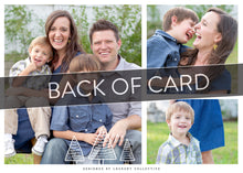 Load image into Gallery viewer, A close up of the back of the card showing the two photos and design features. Across the image is a gray strip with the words “back of card” on it. The back of the card features three photos with the illustrated trees on the bottom. 