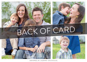 A close up of the back of the card showing the two photos and design features. Across the image is a gray strip with the words “back of card” on it. The back of the card features three photos with the illustrated trees on the bottom. 