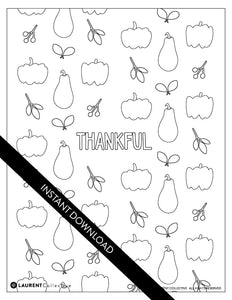 An image showing the coloring page. The letters and design are featured with open space to be able to be coloured in. The coloring page features the word "Thankful" with a pattern of illustrated pumpkins and leaves behind the word. 