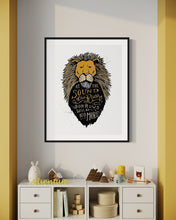 Load image into Gallery viewer, A black frame with artwork hanging above a kids&#39; toy storage unit. The artwork features an illustrated Aslan (the lion from Chronicles of Narnia). Inside the lion the Narnia quote is featured reading “At The Sound of Your Roar, Sorrows Will Be No More.”