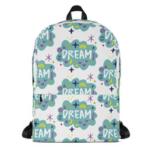 Load image into Gallery viewer, A backpack on a white background with a pattern design with the word &quot;dream&quot; inside a cloud illustration with sketchy elements. 