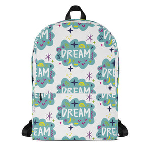 A backpack on a white background with a pattern design with the word "dream" inside a cloud illustration with sketchy elements. 