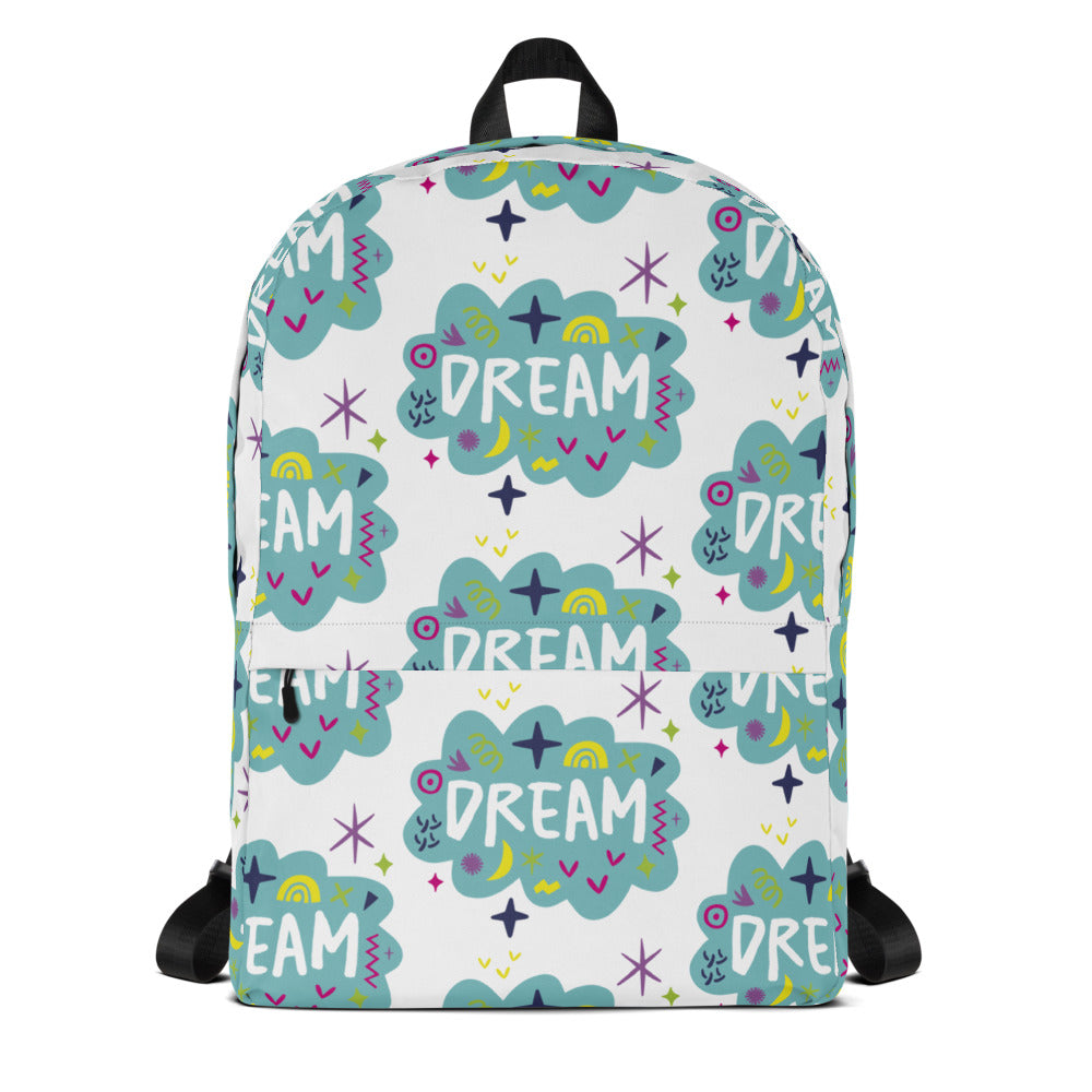 A backpack on a white background with a pattern design with the word 