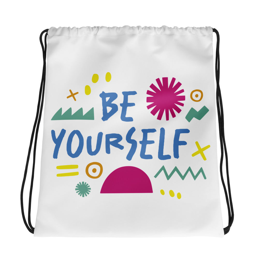 A white drawstring bag on a white background. The drawstring bag has the words 