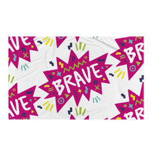 Load image into Gallery viewer, A large flag featured on a white background. The white flag features a pattern with the word &quot;brave&quot; featured inside a pink star-like shape with sketchy illustrations around the word. 