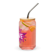 Load image into Gallery viewer, A photo of a glass can tumbler on a white background showing the side of the glass. The glass tumbler has a bamboo lid and silver metal straw. The design on the glass tumbler says the word &quot;brave&quot; inside a hot pink star with illustrated sketchy elements around the word. 