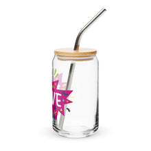 Load image into Gallery viewer, A photo of a glass can tumbler on a white background showing the side of the glass. The glass tumbler has a bamboo lid and silver metal straw. The design on the glass tumbler says the word &quot;brave&quot; inside a hot pink star with illustrated sketchy elements around the word. 