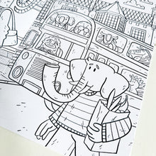 Load image into Gallery viewer, A close up of one of the colouring pages featuring an elephant grocery shopping.