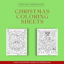 Load image into Gallery viewer, A collage showing two of the four Christmas coloring pages. Above the images it reads &quot;Instant Download - Christmas Coloring Sheets.&quot;