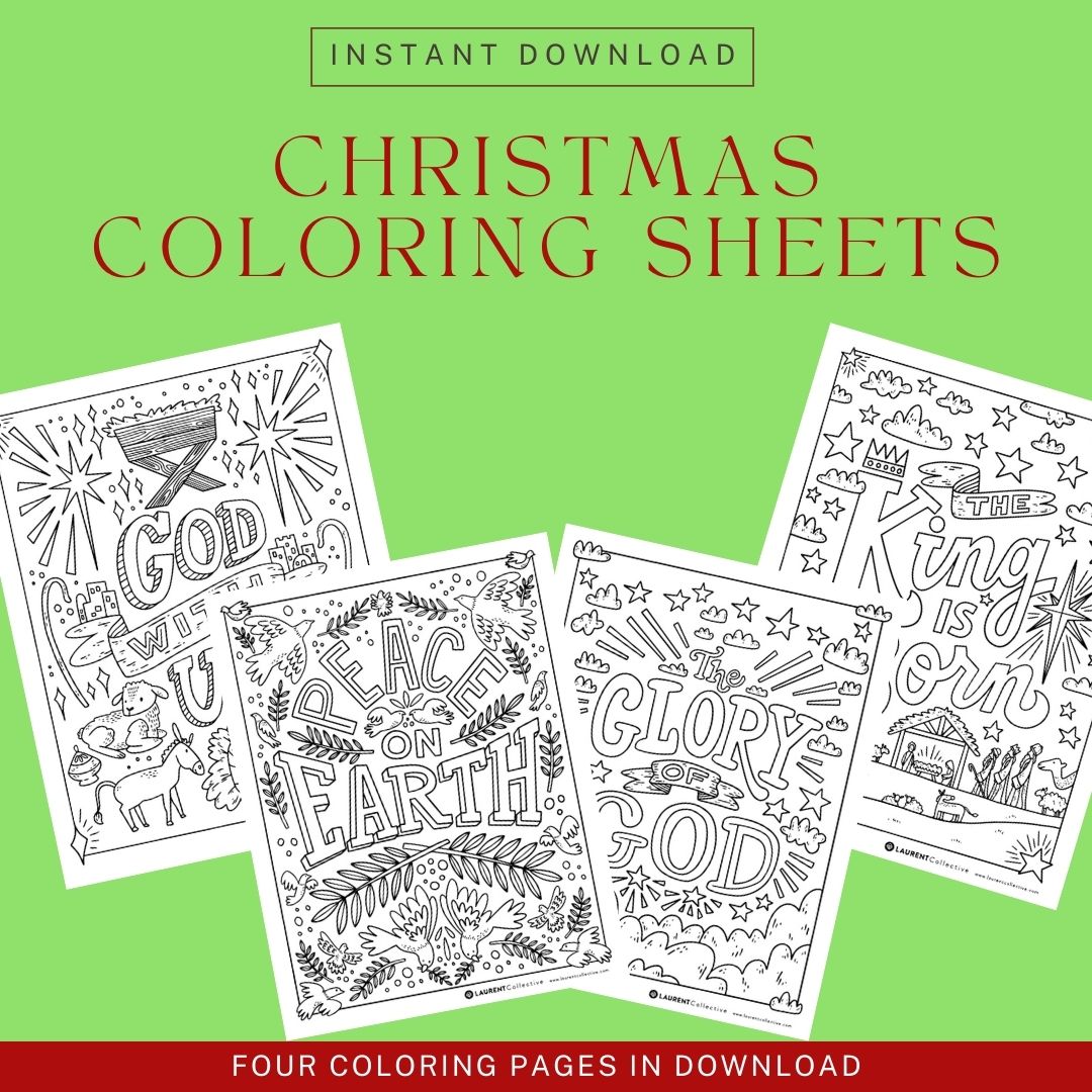 A collage showing four Christmas coloring pages. Above the images it reads 