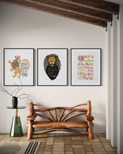 Load image into Gallery viewer, A set of three artwork prints hanging on a wall of an entryway. The artwork is inspired by the Chronicles of Narnia. The first print reads &quot;Course He Isn&#39;t Safe, But He&#39;s Good. He&#39;s the King.&quot; The second print reads &quot;At The Sound of Your Roar, Sorrows Will Be No More,&quot; and the last print reads &quot;Once a king or queen of Narnia, always a king or queen of Narnia.&quot;