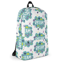 Load image into Gallery viewer, A backpack on a white background with a pattern design with the word &quot;dream&quot; inside a cloud illustration with sketchy elements. 