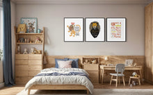 Load image into Gallery viewer, A set of three artwork prints hanging on a wall of a child&#39;s bedroom. The artwork is inspired by the Chronicles of Narnia. The first print reads &quot;Course He Isn&#39;t Safe, But He&#39;s Good. He&#39;s the King.&quot; The second print reads &quot;At The Sound of Your Roar, Sorrows Will Be No More,&quot; and the last print reads &quot;Once a king or queen of Narnia, always a king or queen of Narnia.&quot;