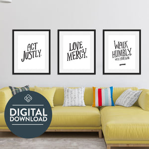 The words "digital download" are featured over the image. Three black frames featured above a yellow sofa in a living room. The first frame features artwork saying "Act Justly." The second frame says "Love Mercy." The third frames says "Walk Humbly, with your God - Micah 6:8."