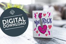 Load image into Gallery viewer, A greeting card featured on a black, wood coffee table. There’s a white planter in the background with a green plant. There’s also a gray sofa in the background with a white pillow. The card features the words “You rock” with an illustrated heart shaped guitar. The words &quot;digital download&quot; are featured in a circle on top of the image.