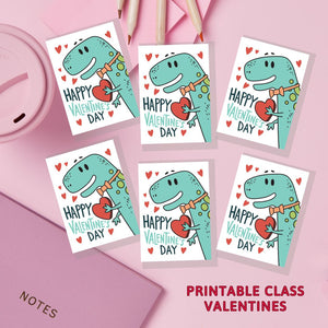 An image showing the design "Happy Valentine's Day" with a dinosaur of printable class Valentines.