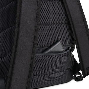 A detail image showing the back of the backpack with the secret zipper pocket.