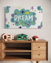 Load image into Gallery viewer, A large flag featured on the wall of a kids room above a dresser. The white flag features a pattern with the word &quot;dream&quot; featured inside a cloud with sketchy illustrations around the word. 