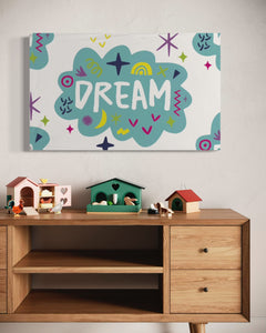 A large flag featured on the wall of a kids room above a dresser. The white flag features a pattern with the word "dream" featured inside a cloud with sketchy illustrations around the word. 